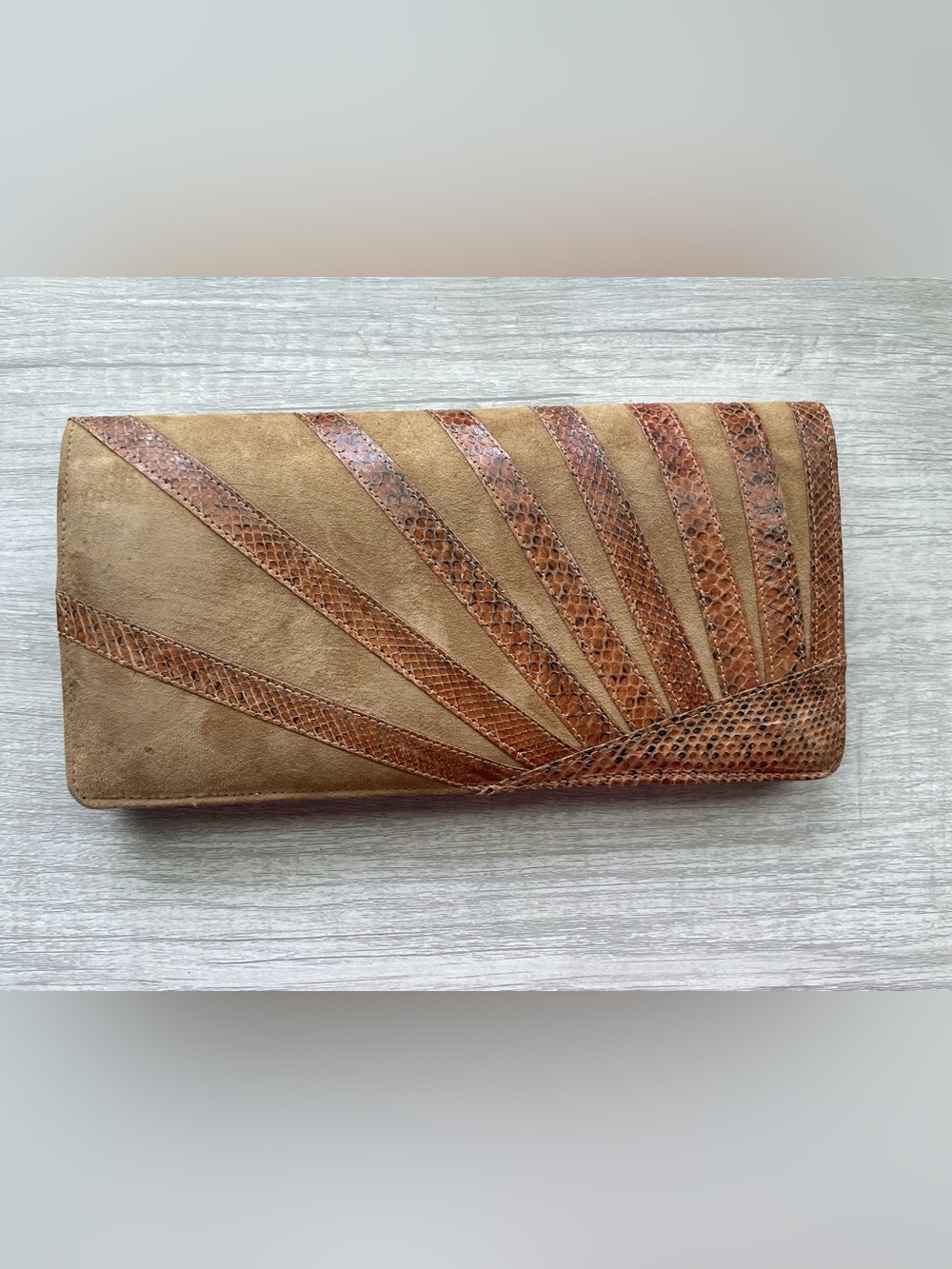 Vintage Suede Leather Sunburst Fold Over Clutch
